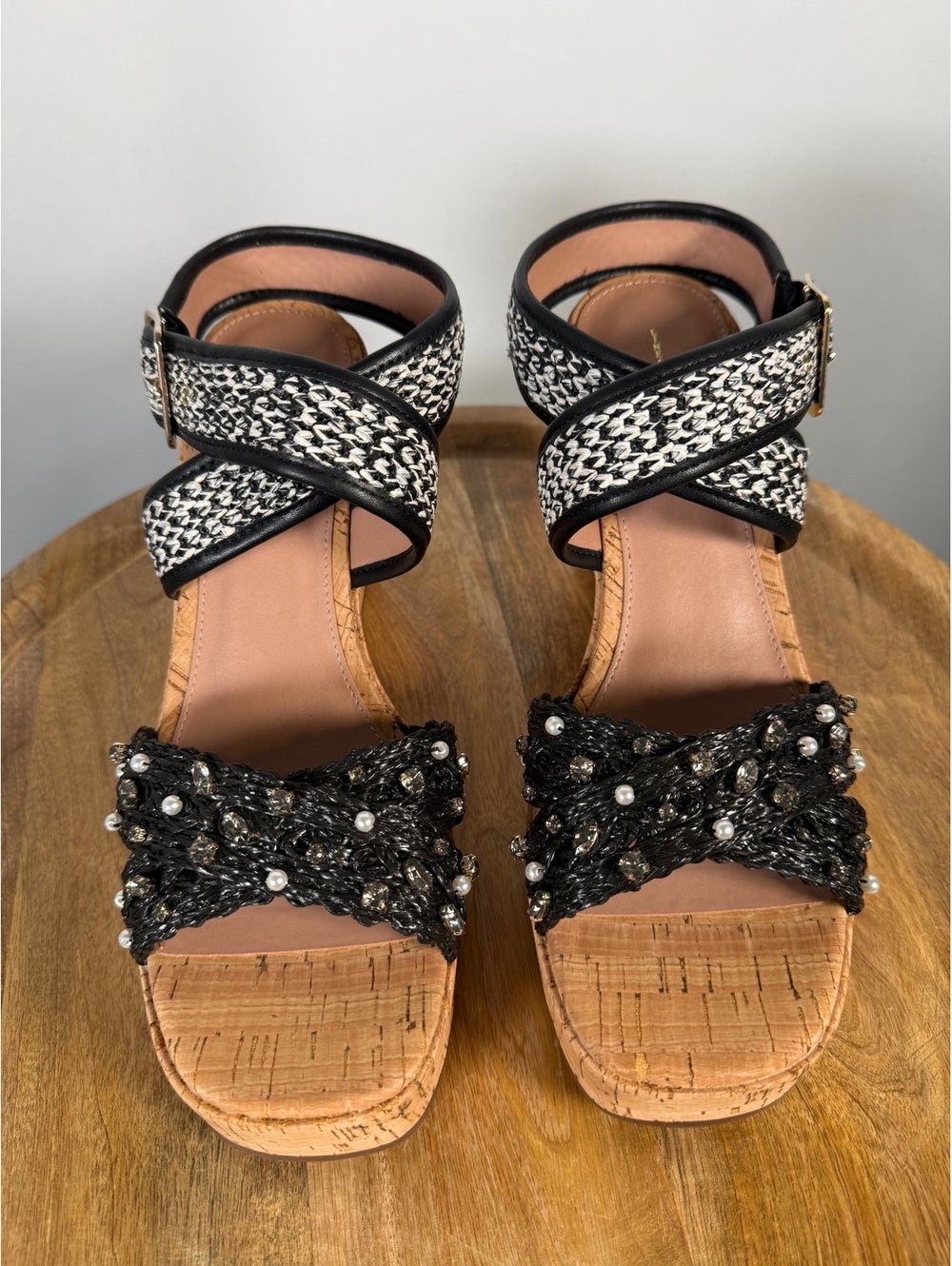 NWB Linea Paolo Varena Black Raffia Embellished Wedge Sandals Size 10 - Picture 2 of 10